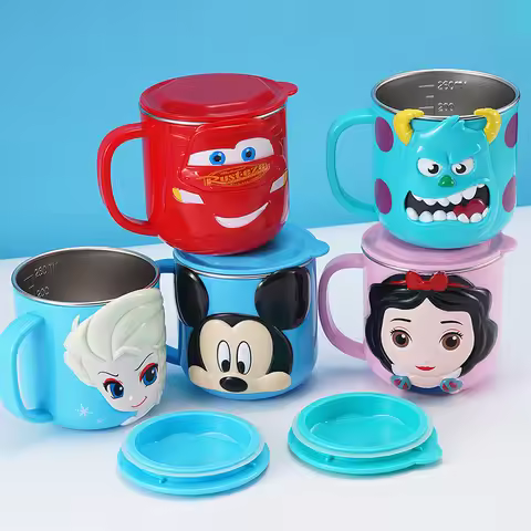 Mickey Minnie Stainless Steel Mug Frozen Elsa Anna Cinderella Anti-drop Household Milk Cup Snow Whit