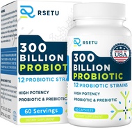 RSETU Probiotics for Women Men: 300 Billion CFU Probiotic High Potency + 12 Strains Organic Probiotics with Prebiotics, Daily Probiotic Supplement for Digestive, Gut, Immune and Bloating Health, 60 Capsules