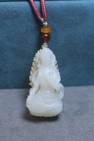 【 白度母】吊墜掛件 手工雕刻 觀音菩薩天然黃蠟石手作項鏈