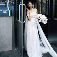 เซ็กซี่ ไม่มีสาย สีขาว งานแต่งงาน เดรส Morning Robe หมั้น High End หรูหราฝูงชนขนาดเล็กเจ้าสาว Outing