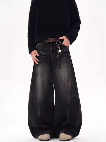Vintage Black Washed Baggy Jeans Pants Men Wide leg Curved Blade Pants Streetwear Cowboy Casual Deni
