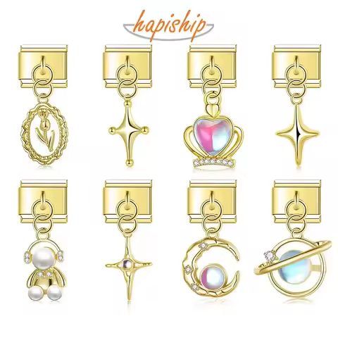 Hapiship 2023 New Original Daisy Cross Heart Moon Crown CZ Italian Charm Fit 9mm Bracelet Stainless 