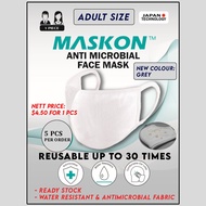 Grey Reusable Face Mask MASKON Washable Reusable Anti Bacterial - ADULT 5 Pcs (GREY)