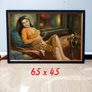 KAYU [165] Painting of a Woman Relaxing on the Sofa While M3r0cx0k Plus Large Wooden Frame