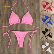 GD 2 Pcs/Set Bikini Set Solid Color Halter Neck Strap Thong Women Swimsuit Set for Beach