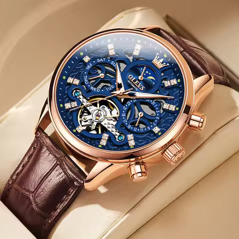 OLEVS 6658 Fashion Men's Watches Hollow Flywheel Automatic Mechanical Wristwatch Leather Strap Water