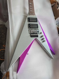 Jackson Vinnie Vincent Flying V Double V Silver Purple Electric Guitar HH pickup Floyd Rose Tremolo, Shark Fin Inlay Professional Guitar