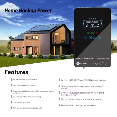 Sumry 4000W 24V Off-Grid Hybrid Solar Inverter, Pure Sine Wave, Integrated 140A Mppt Solar Charger, 