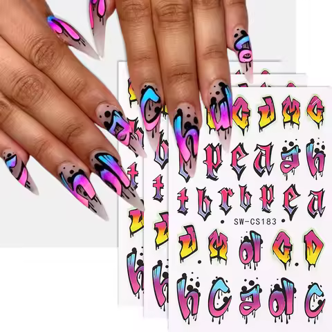 3pcs Colorful Number Letter Wave Line Design Nail Art Stickers 3D self Adhesive Cartoon Nail Art Dec