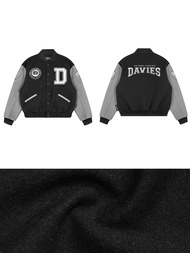 Varsity jacket cổ bẻ DAVIES kaki nỉ màu đen phối tay xám logo thêu form rộng 2 lớp Baseball Academy 