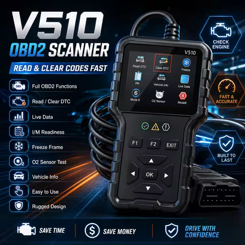 V510 Obd2 Car Diagnostic Scanner, Battery Tester, Engine Code Reader, Real-Time Data, Dtc Query, All