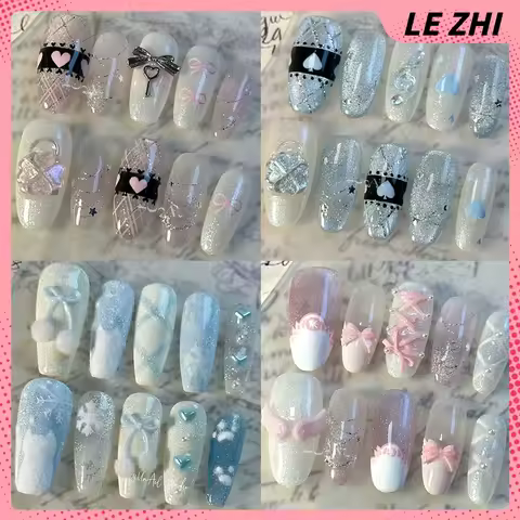 Sweet Lovely Handmade Long Coffin Ellipse Nail Party Sticker Cat Eyes Four-Leaf Clover Bowknot Wings