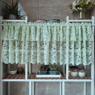 Rustic Green Knitted Lace Tier Short Curtain Cafe Valance with Beads Design for Kitchen Windows Shabby Chic Floral Lace Half Curtain for Small Windows Rod Pocket