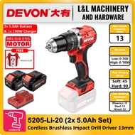 DEVON 5205-Li-20 20V Brushless Cordless Impact Drill / Hammer Driver Drill 13mm