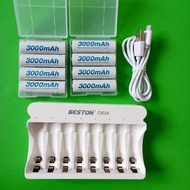 Combo sạc pin Beston 8 cổng Kèm 8 pin sạc AA dung lượng cao mẫu mới C9024 Sạc nhanh Tự ngắt Có đèn b