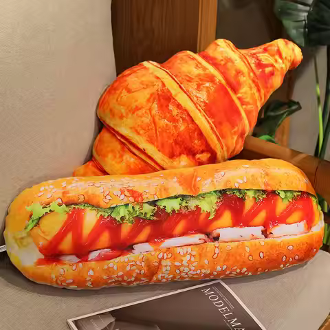 Fun Food Shaped Croissant Baguette Hot Dog Pillows Plush Bread Soft Fluffy Couch Decor Cozy Room Gif