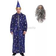 Wizard Costume Adult Men Stars Blue Wizard Cloak Wizard Wig Magician Stars Hat Witch Halloween Costu