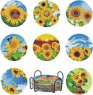 Cheriswelry 8pcs Sunflower DIY Coasters Flower Diamond Painting Coasters with Holder 5D DIY Diamond Painting Cup Mat Kits Diamond Art Painting Coasters for Beginners Adults Kids DIY Coasters