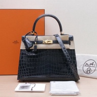 HERMES Kelly25V0盧梭綠兩點鱷魚皮Z刻金扣肩背包