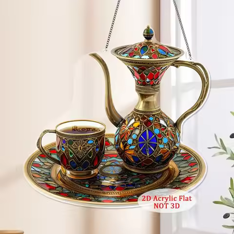 2D Flat Acrylic Luxury Arabic Tea Set Light Catcher, 2D Flat Acrylic Mosaic Plastic, Ramadan Decorat