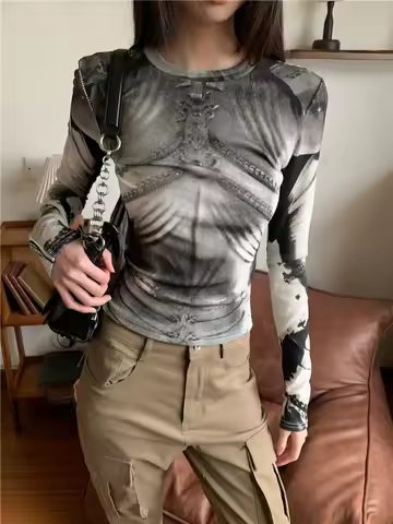 Deeptown Y2k Gothic Vintage Graphic Women T-Shirts Punk Harajuku Japanese 2000s Style Long Sleeve Sl