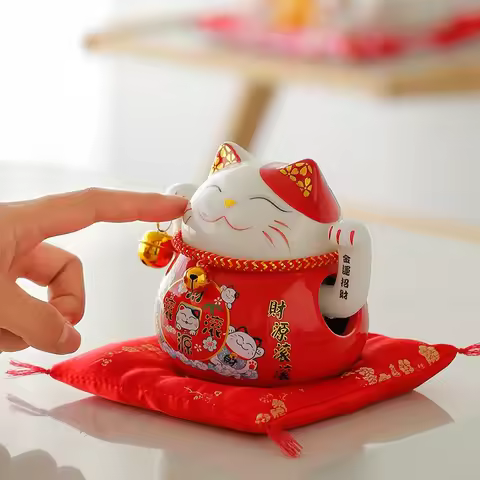 4.5" Ceramic Maneki Neko with Battery-Powered Waving Arm - Fortune Cat Home Centerpiece Gift Box (Lu