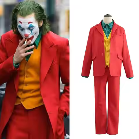 Joker Cosplay Costume Set - Joaquin Phoenix Arthur Fleck Clown Red Dipped Outfit with Green Wig - Pe