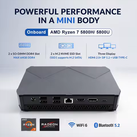 Eglobal VX2-5800U Mini PC AMD Ryzen7 5800U 8C/16T up to 4.4GHz 64GB DDR4 2xM.2 NVMe 4K HDMI2.0 DP Ty