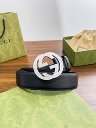 全新🌸Gucci 雙G扣頭皮帶 黑色 粒面皮革