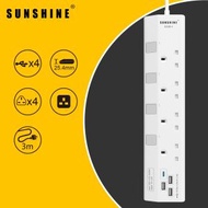 陽光 - (ESUD-4) 13A 四位獨立開關安全拖板連藍色指示燈+4位USB充電插座(白色)(連3米線) 防雷拖板 | 電源插座 | 排插