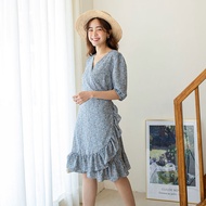 [HARPER] V-Neck Laced-Up Patch Lotus Leaf Floral Dress 2 Colors [DSC67425E]