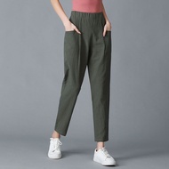 Cotton and Linen Harlan Pants for Women Elastic Waist Middle-aged Moms Leisure Cropped Pant Summer L
