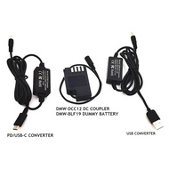 Power Bank USB Cable+USB-C PD Converter+BLF19E DMW DCC12 Coupler for Panasonic Lumix DMC-GH3 DMC-GH4