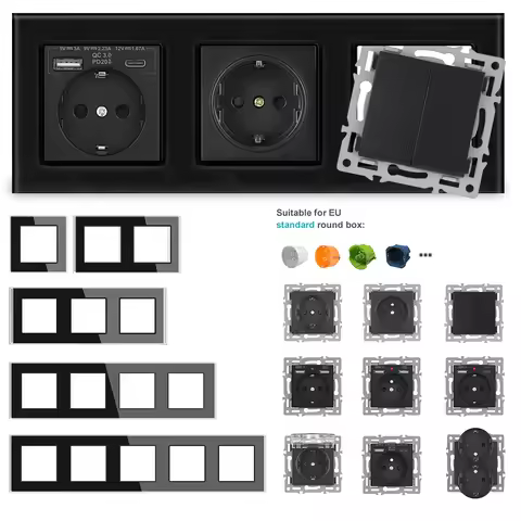 VISWE EU FR Type c and Usb wall socket 1-4 rame Glass panel Vertical installation combination For ci