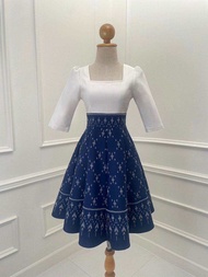 N657🦋 ชุดเดรสผ้าทอลาย คอเหลี่ยม แขนศอก กระโปรงบาน 8 ชิ้น