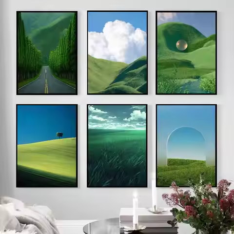 Dreamcore Landscape Poster Green Nature Wall Art Aesthetic Cloud Hills Forest Room Decor Surreal Ani