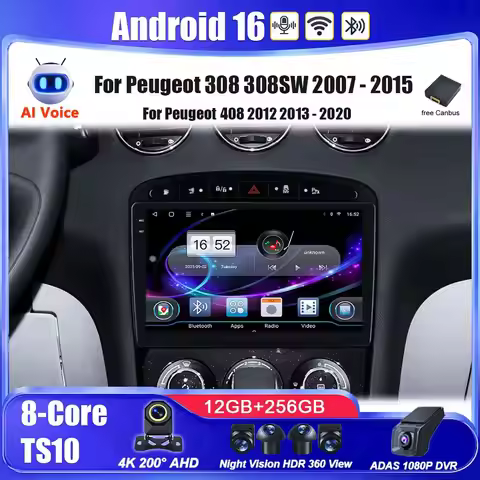 Android 16 Auto Radio For Peugeot 308 308 SW 408 RCZ 2007-2015 Carplay Stereo Car Multimedia Player 