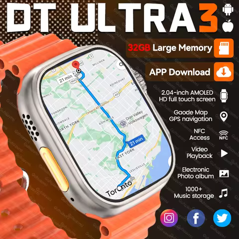 New Men DT Ultra3 Google Maps GPS Smart Watch 32GB Memory Video Player NFC Album Music Bluetooth Cal