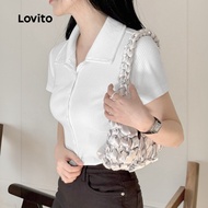 (Trendy) Lovito Casual Plain Ruched Button T-Shirt for Women L128ED445