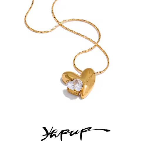 Yhpup Stylish Design Stainless Steel Metal Zirconia Heart Pendant Necklace Golden Collar Romantic Ch