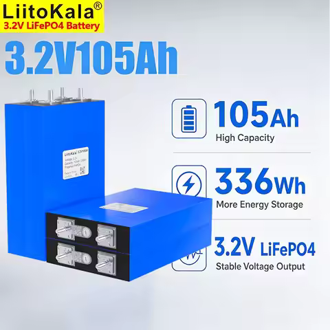 LiitoKala 3.2V 105Ah LiFePO4 Battery,336Wh,≥4000 Cycles,M6 Terminal,for Solar RV Energy Solar Power 