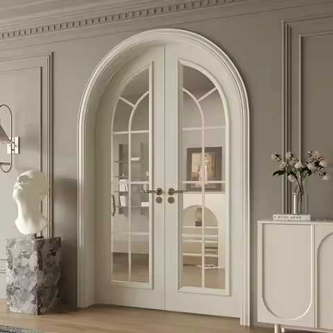 TTTSolid wood retro French arched glass door Moisture-proof living room door Sound insulation Door