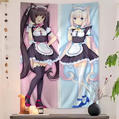 Neko Maid Tapestry, Chocola Vanilla Azuki Coconut Print Polyester Wall Hanging, Kawaii Otaku Decor f