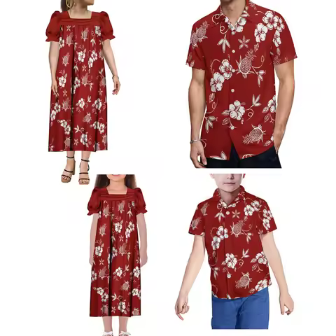 Tax Free Summer Polynesian Couple Set Mumu Women'S Puffy Sleeve Dress With Men'S Aloha Shirt Hawaiia