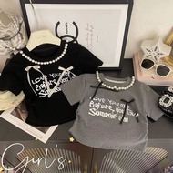 2025 Korean Version Girls' T-Shirt Bow Printed Beaded Solid Color Top T-Shirt Fashion Short-Sleeved 