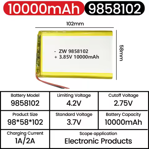 3.7V 9858102 Battery 10000mAh Rechargeable Lithium Battery with XH2.54 and PH2.0 Plugs for Power Ban