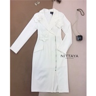 New️ Long-Sleeved Collar Suit Dress S32/26/36 Floral Detail Front Pocket Skirt With Zipper Beautiful