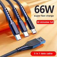 สายชาร์จเร็ว 3In1 66W สาย USB 5A สาย USB Type C PD ชาร์จเร็ว สำหรับSamsung S20 S4 S8 S10 S21iPhone 14 14Pro13 12 11 ProMax X XR 8 7 5 5S 6S iPad Realme Xiaomi MI8/9/10/OPPO A83 F9 VIVO X7 HUAWEI สาย Micro สาย Android