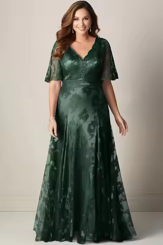 Flycurvy Plus Size Formal Taro Color Lace Flutter Sleeve Maxi Dress