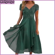Womens V-Neck Floral Lace Chiffon Dress Short Sleeve Bridesmaid Formal Long Dress Flowy A-line Prom